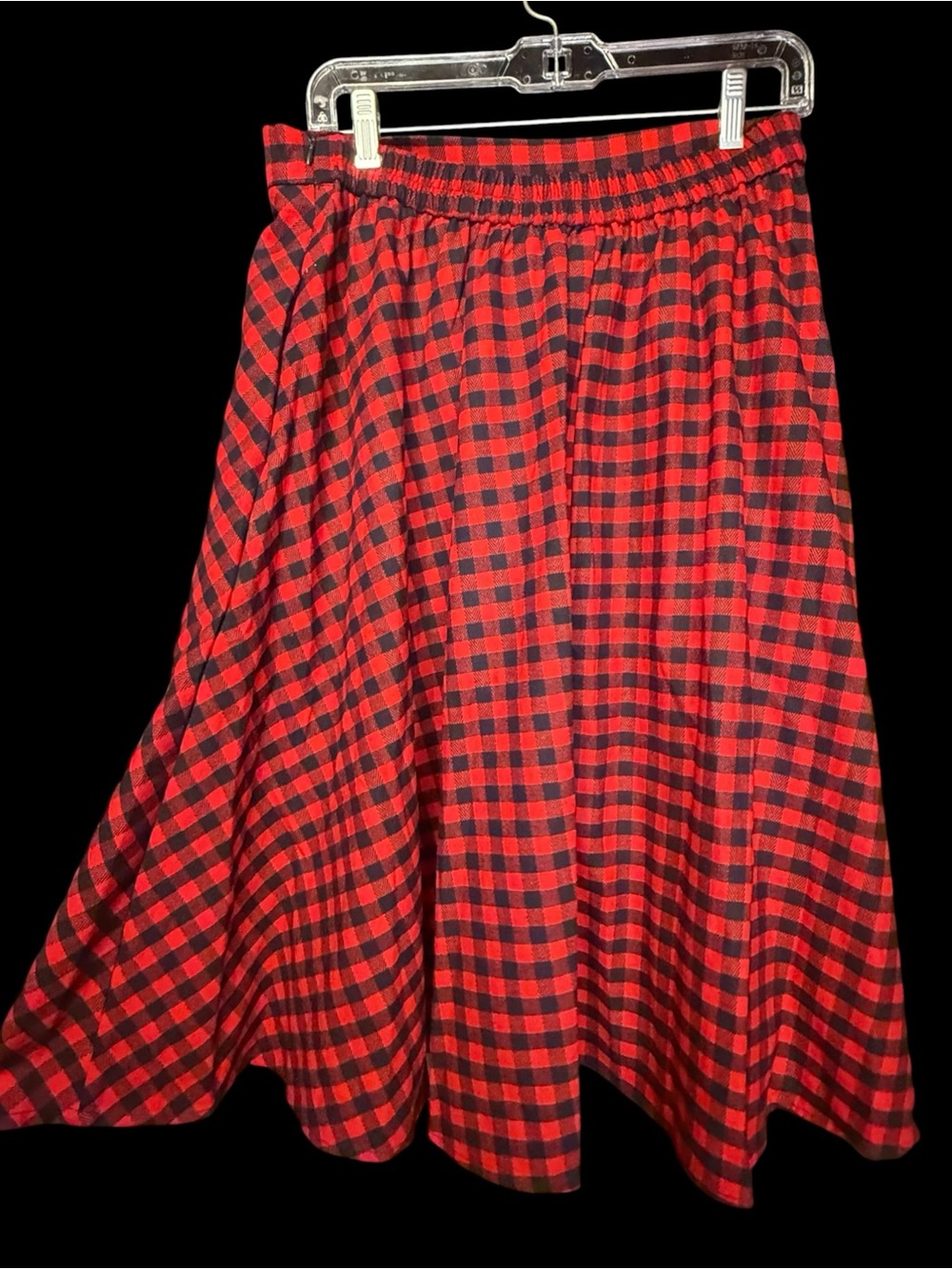 Tulip B Red Navy Blue Plaid Elastic-Waist A-line Midi Skirt Fall Winter Line